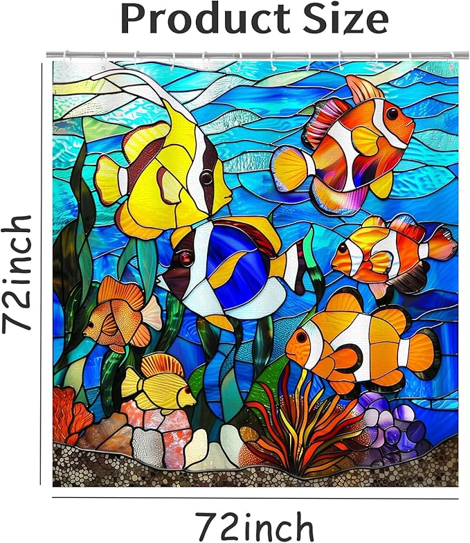 Fish Shower Curtain for Bathroom Fish Shower Curtains Home Bathroom Bathtubs Stained Glass Fish Decor Polyester Shower Curtain Waterproof Washable Durable 12 Hooks 72"x72"