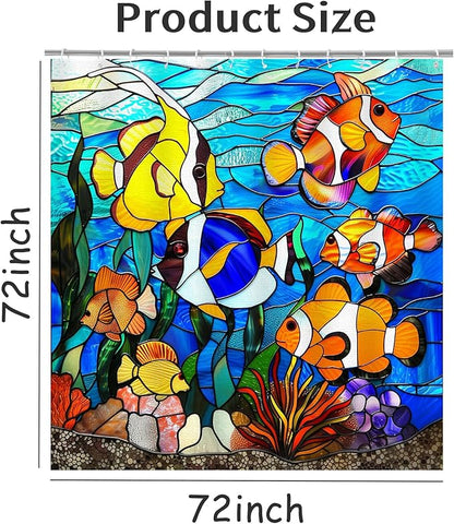 Fish Shower Curtain for Bathroom Fish Shower Curtains Home Bathroom Bathtubs Stained Glass Fish Decor Polyester Shower Curtain Waterproof Washable Durable 12 Hooks 72"x72"