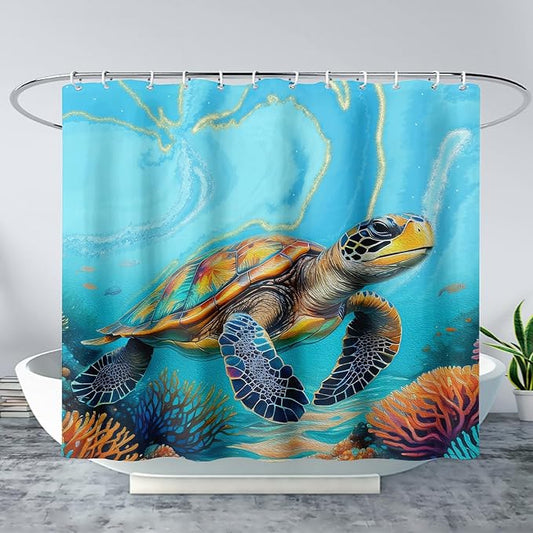 AILONEN Kawaii Sea Turtle Shower Curtain,3D Ocean Animal Themed Bath Curtain Cloth Fabric Bathroom 72" W*84" H Inch,12 Pack Hooks for Kids Child,Colorful Marble Style Bathroom Curtain