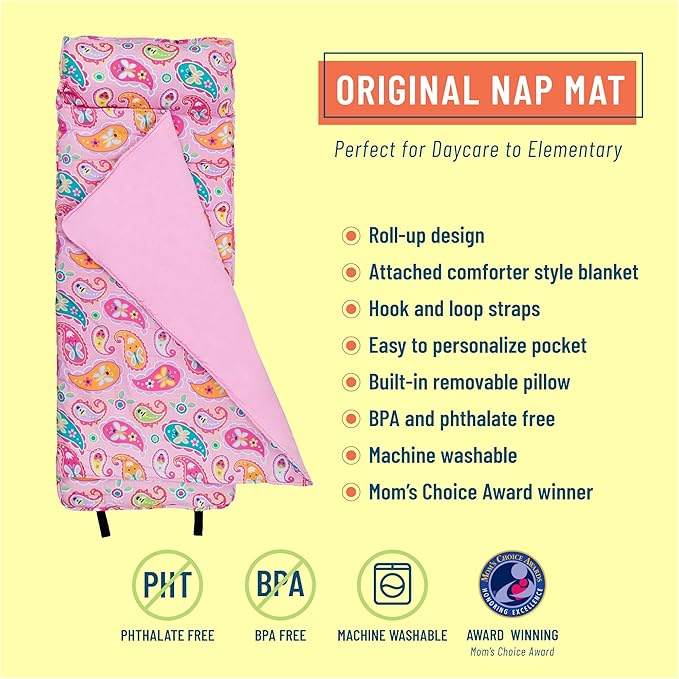 Wildkin Original Nap Mat with Reusable Pillow for Boys & Girls, Ideal for Sleepovers, Equipped with Hook & Loop Fastener, Made from Cotton Blend Materials - Nap Mat for Kids