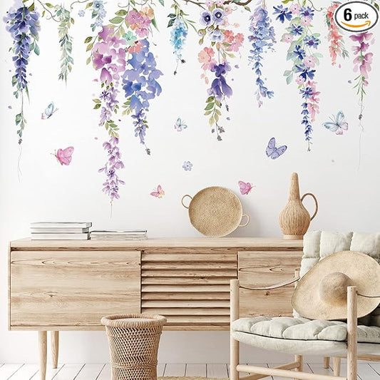 Zonon Flowers Wall Decals Vinyl Dragonflies Flowers Wall Stickers Removable Floral Wall Murals Peel and Stick Colorful Flower Wall Decor for Bedroom Living Room Nursery(Elegant)
