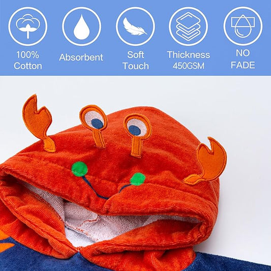VOOVA & MOVAS Kids Towel Poncho with Hood (2-6Years) Cotton Poncho for Toddlers, Perfect for Swim | Surf | Shower | Birthday Gifts, Cape Crab Theme
