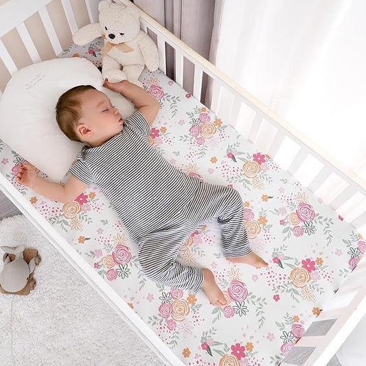 PHF Soft Crib Sheet Fitted, 2 Pack Baby Sheets for Boys Girls, 28x52x9in Fits Standard Crib and Toddler Mattresses, Silky Comfy Breathable Polyester Baby Mattress Sheets, Rose Floral