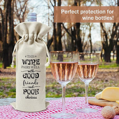 Friendship Wine Gift Bag, Friendship Gifts for Friend Coworker BFF, 1pcs Well with Good Friend and Poor Choice Reusable Burlap Drawstring Wine Gifts Bag for Wine Bottles, Holiday Party Favor -08