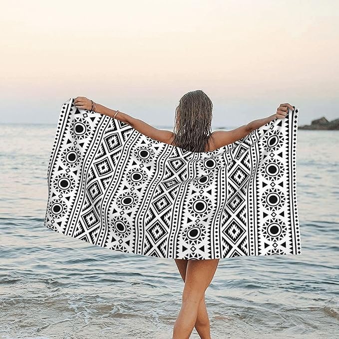Microfiber Beach Towel, Traditional Ethnic Black White Geometric Beach Towels for Women Men, Extra Large 29.5” X 59”, Quick Drying Lightweight Sand Free Bath Swim Towel