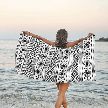 Microfiber Beach Towel, Traditional Ethnic Black White Geometric Beach Towels for Women Men, Extra Large 29.5” X 59”, Quick Drying Lightweight Sand Free Bath Swim Towel