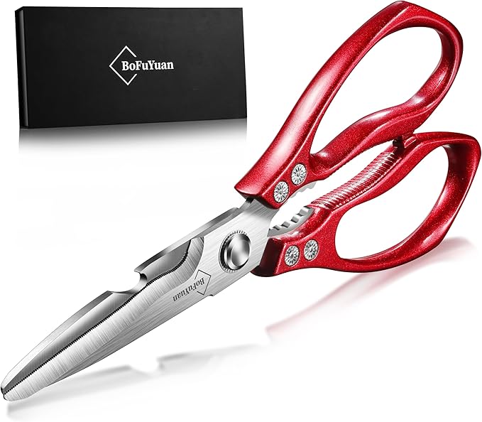 Kitchen Shears for Food Heavy-Duty: Multipurpose Kitchen Shears for Cutting Chicken, Bone, Meat, Food, (9'' Red)