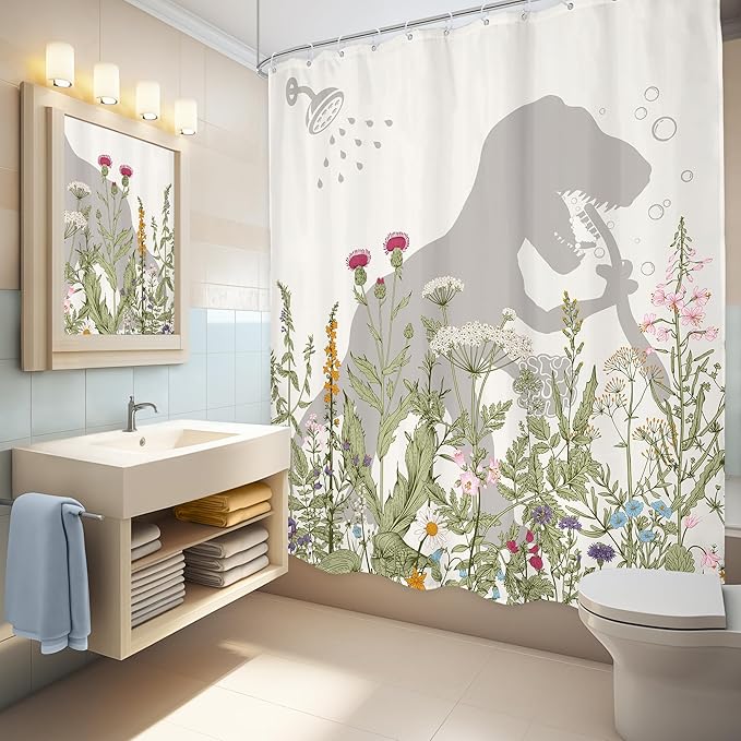 LGhtyro Dinosaur Wildflower Kids Shower Curtain Bathroom Set 60Wx71H Inches Funny Dino Silhouette Floral Rustic Plant Leaves Botanical Bath Accessories for Boys Art Home Decor Fabric 12 Pack Hooks
