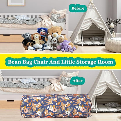 Stuffed Animal Bean Bag Storage Chair for Kids Cover Only (No Filler), Organize, Sit, Play & Boxing, 100% Cotton Canvas Washable, Ultra Soft Cylinder Long Vertical Zipper Best Gift for Child