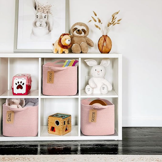 Goodpick Woven Storage Basket for Shelves, Small Baskets for Organizing, Rectangle Baby Nursery basket, Towel Baskets for Bathroom, Living Room, 13 x 10 x 9 Inches, Light Pink