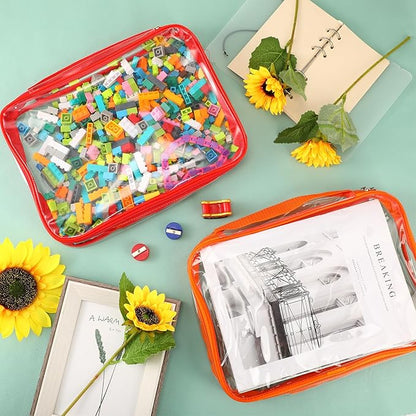 Sanwuta 3 Packs Toy Storage Bags with Zipper, Clear PVC Organizing Bags, Waterproof Toy Bags for Board Games, Building Blocks, Toys and Kids Books (Red, Yellow, Orange,12.6 x 9 x 2.36 Inch)