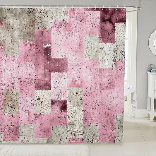 Feelyou Kids Geometric Pink Bath Curtain Geometry Bathroom Shower Curtain Set Checkered Shower Curtain Boys Girls Modern Art Teens Bathroom Accessories Room Decor 72"x78"