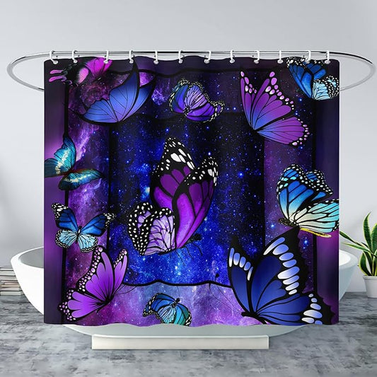 AILONEN Butterfly Shower Curtain for Bathroom Mystic Purple Galaxy Starry Decor Bath Curtain 60" W*72" H Polyester Fabric Waterproof Bathroom Curtain with 12 Hooks