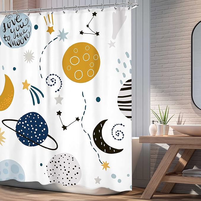 Kids Boys Shower Curtain Cartoon Planet Cute Universe Galaxy Space Moon Kid Shower Curtain Bathroom Set Baby Print Cosmos for Boys Girls Kids Bath Curtain Accessories Decor 60Wx72L