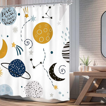 Kids Boys Shower Curtain Cartoon Planet Cute Universe Galaxy Space Moon Kid Shower Curtain Bathroom Set Baby Print Cosmos for Boys Girls Kids Bath Curtain Accessories Decor 60Wx72L
