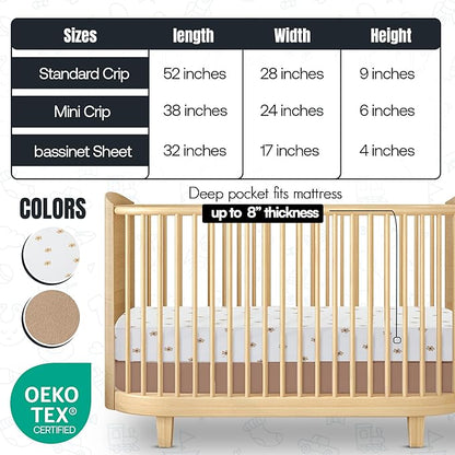 Mini Crib Fitted Sheet, 100% Cotton Knitted Jersey, Pack n Play Sheet, Breathable, Fitted Crib Sheets, Super Soft, Toddler Fitted Sheet,2 Pack,Brown/Flowers, 38x24x6