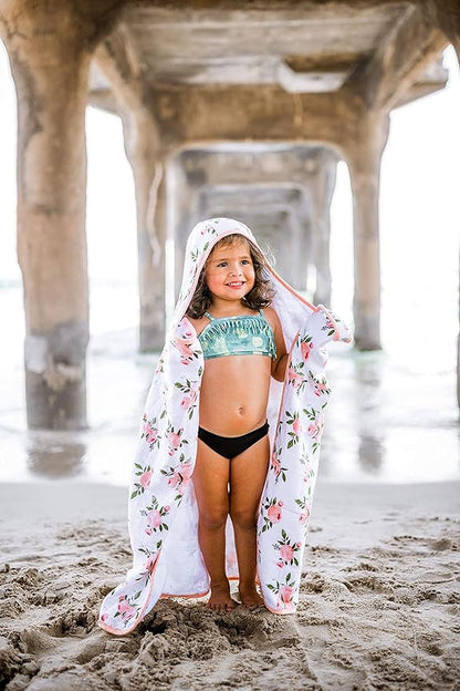 Little Unicorn Cotton Muslin & Terry Hooded Towel, Larger Size 1-6 Years (Watercolor Roses)
