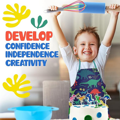 Osmi Complete Kids Baking Set - 14pc Dinosaur Chef Baking Kit - Premium Kid Cooking Gift Set w/ Real Utensils for Boys and Girls 4-12 - Bake Cookies, Cakes, and Cupcakes (Dino Theme)