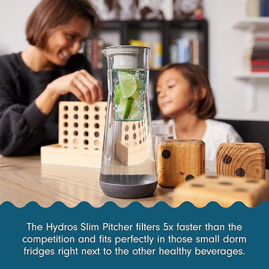 Hydros Water Filter Pitcher, 40 oz Slim Design, Patented Fast Flo Tech, Dishwasher Safe, Fills in Just 40 Seconds, BPA Free, 5 Cup Capacity, White