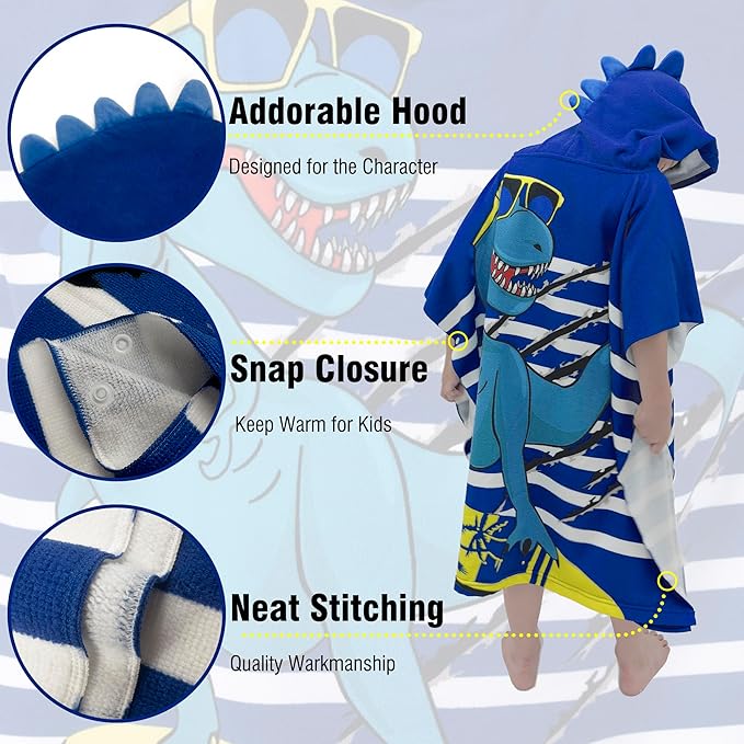 Hooded Kids Beach Towels - Toddler Bath Towel Girls Boys Swim Cover-ups for Ages 4 to 10 Kids Pool Towels Quick Dry Lightweight Soft Microfiber Poncho 30x30 with Bag (Navy Dinosaur)