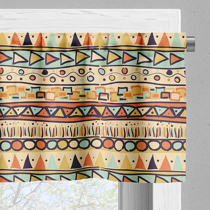 Ambesonne Prehistoric Valance & Tier Curtain 3 pcs Set, Mexican Style Doodles with Triangles Circles Folkloric Geometric Tribal, Window Treatments for Kitchen Room Decor, 55" x 36", Pastel Yellow