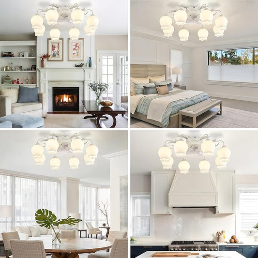 Flower Ceiling Fan with Light: White Flower Fan Lights for Girls Bedroom - Flush Mount Fandelier for Living Room - 8-Light Modern Chandelier with Fan for Home Decor Enthusiasts
