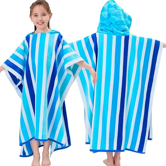 VOOVA & MOVAS Teens Poncho Towel with Hood (8-16Years), 100% Cotton Thick Poncho Towel Robe for Teens, Perfect for Pool, Beach, Bath and Gifts,Blue Stripe