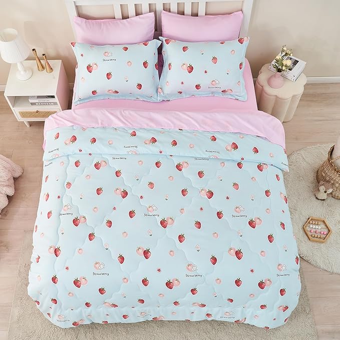 Wajade Kids Strawberry Comforter Set Bed in A Bag Twin Size 7 Piece Blue 3D Cute Strawberry Fruit Bedding Set for Girls Boys (1 Comforter, 1 Flat Sheet, 1 Fitted Sheet, 2 Pillowcase and 2 Pillow Sham)