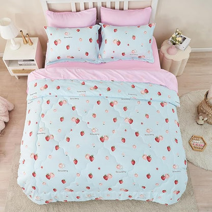Wajade Kids Strawberry Comforter Set Bed in A Bag Twin Size 7 Piece Blue 3D Cute Strawberry Fruit Bedding Set for Girls Boys (1 Comforter, 1 Flat Sheet, 1 Fitted Sheet, 2 Pillowcase and 2 Pillow Sham)