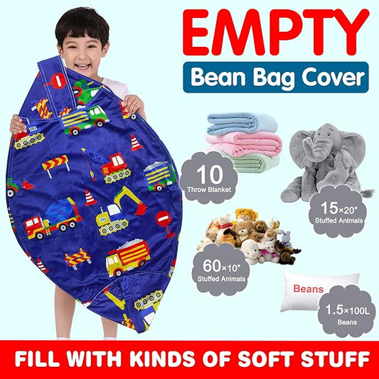 Lukeight Stuffed Animal Storage Bean Bag Chair Cover for Kids, Zipper Beanbag Chair Cover for Organizing Toddler and Kids' Rooms Plush Toys (Excavator Velvet, Large)