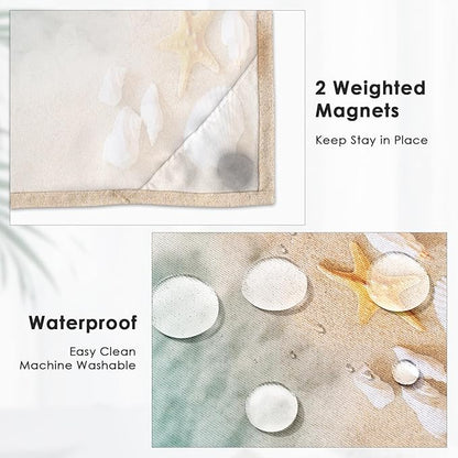 Beach Ocean No Hook Shower Curtain with Snap in Liner, Starfish Shell Sea Bath Curtain with Double Layers Waterproof Fabric and Mesh Top Window 71x74 Inch