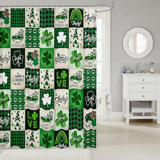 Manfei Happy St. Patrick's Day Kids Shower Curtains,Cartoon Gnomes Leaves Irish Bathroom Curtains for Girls Boys,Geometric Plaids Grids Green Retro Waterproof Curtains,12 Hooks Suits,72" W x 78" L