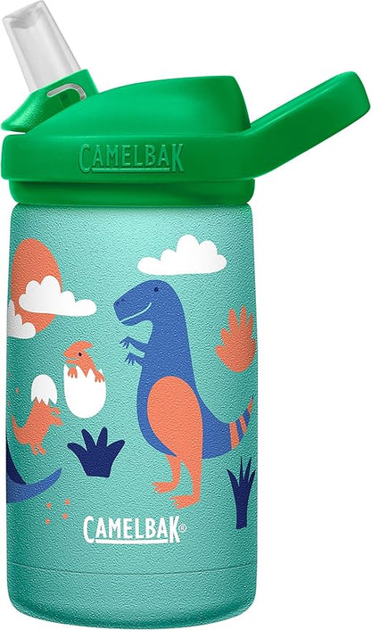 CamelBak eddy+ Kids Water Bottle with Straw, Insulated Stainless Steel - Leak-Proof when Closed, 12oz, Dino Volcanos