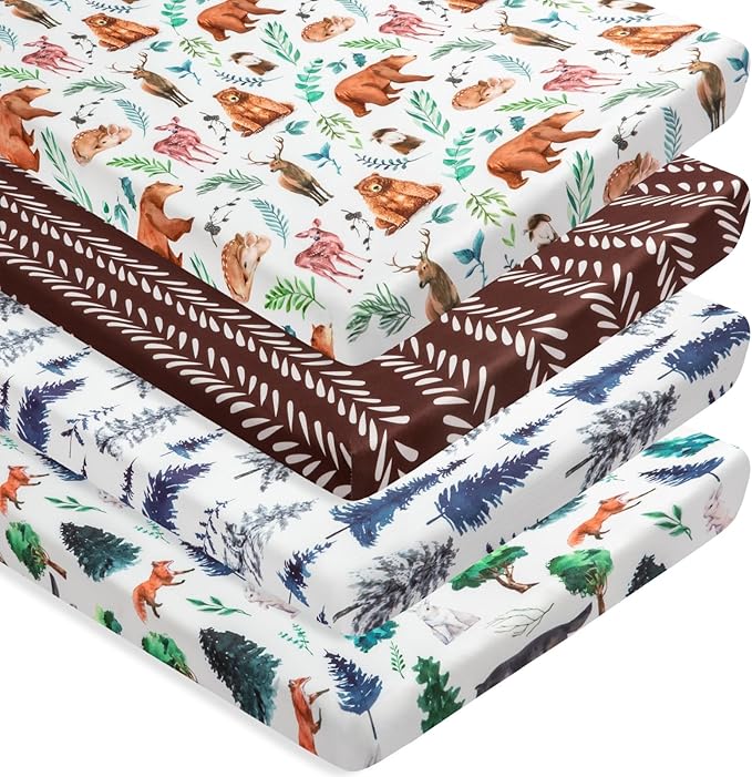 4 Pack N Play Sheets Woodland Forest Animals Wood Neutral Unisex Fitted Baby N Play Sheets Fitted for Standard Pack and Plays and Mini Cribs Set for Baby Boys or Girls