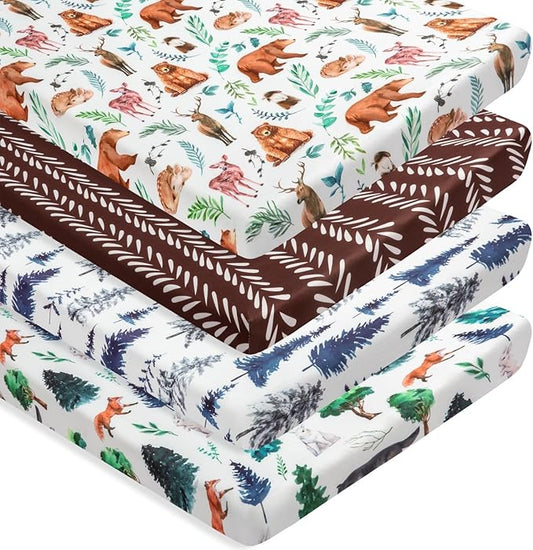 4 Pack N Play Sheets Woodland Forest Animals Wood Neutral Unisex Fitted Baby N Play Sheets Fitted for Standard Pack and Plays and Mini Cribs Set for Baby Boys or Girls