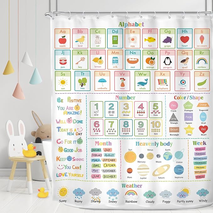 MESHELLY Kids Alphabet ABC Shower Curtain 60Wx72H Educational Funny Cartoon Cute Number Shape Baby Nursery Bathroom Curtain Colorful Bath Curtain Cloth Fabric Bathroom Accessories Decor with 12 Hooks