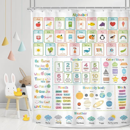 MESHELLY Kids Alphabet ABC Shower Curtain 60Wx72H Educational Funny Cartoon Cute Number Shape Baby Nursery Bathroom Curtain Colorful Bath Curtain Cloth Fabric Bathroom Accessories Decor with 12 Hooks