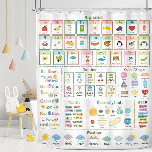 MESHELLY Kids Alphabet ABC Shower Curtain 60Wx72H Educational Funny Cartoon Cute Number Shape Baby Nursery Bathroom Curtain Colorful Bath Curtain Cloth Fabric Bathroom Accessories Decor with 12 Hooks