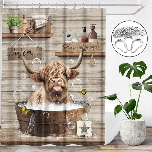 Farmhouse Highland Cow Shower Curtain Funny Western Farm Animal Bull Shower Curtains for Bathroom Decor Waterproof Polyester Fabric Country Cattle Bathroom Curtain with Hooks 66x72 Inch