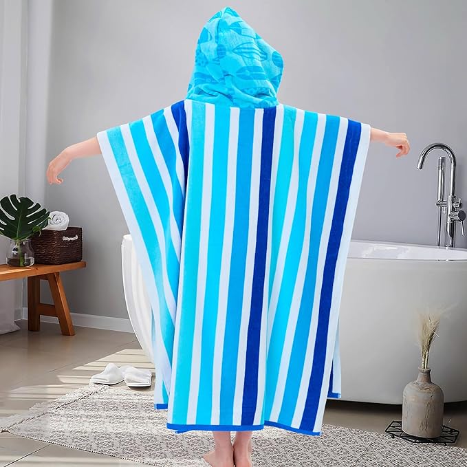 VOOVA & MOVAS Teens Poncho Towel with Hood (8-16Years), 100% Cotton Thick Poncho Towel Robe for Teens, Perfect for Pool, Beach, Bath and Gifts,Blue Stripe