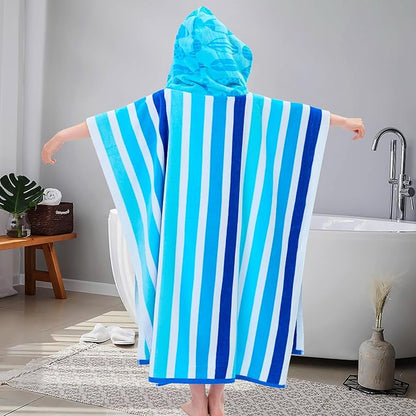 VOOVA & MOVAS Teens Poncho Towel with Hood (8-16Years), 100% Cotton Thick Poncho Towel Robe for Teens, Perfect for Pool, Beach, Bath and Gifts,Blue Stripe