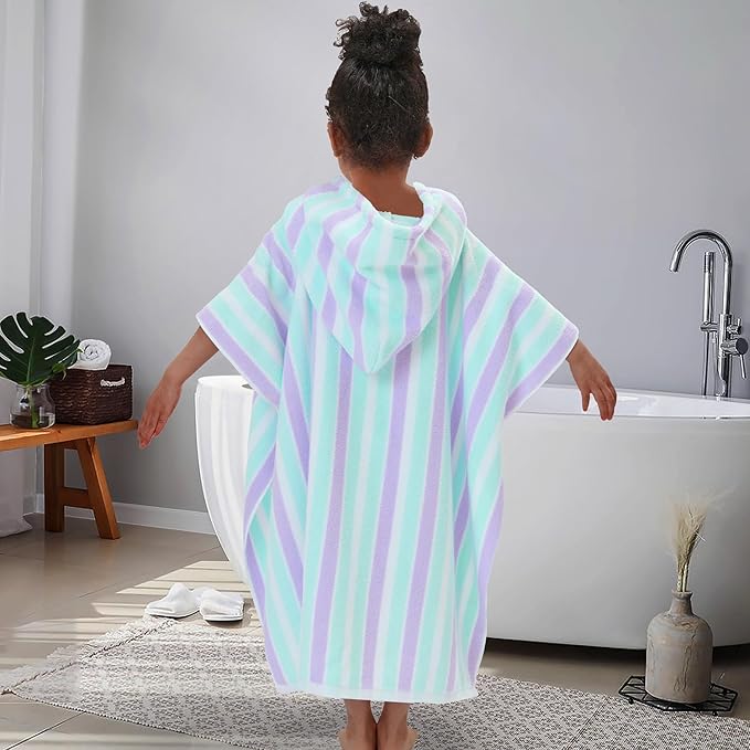 VOOVA & MOVAS Poncho Towels for Kids Absorbent - (4-8Years) - Quick Dry Lightweight Cotton Hooded Towel Robe for Pool | Swim | Beach | Bath, Aqua Purple Stripe