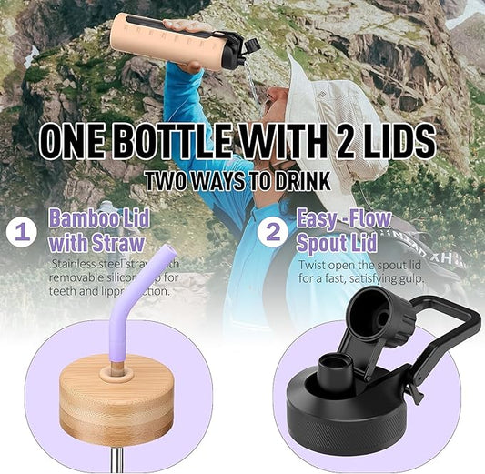 Glass Water Bottles with Straw -24oz- Water Bottle Phone Holder for Gym Sports Water Bottles with Silicone Sleeve Glass Drinking Bottles 2 Lids - Spout & Bamboo Straw Lid(Purple)