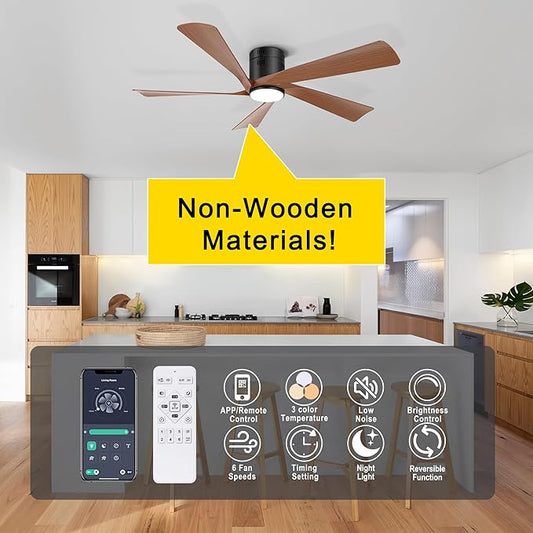 Ohniyou 52” Flush Mount Farmhouse Ceiling Fan with Lights, Remote & APP Control Low Profile Indoor Outdoor Ceiling Fans, Dimmable, Quiet DC Motor, Reversible, Black+Wood