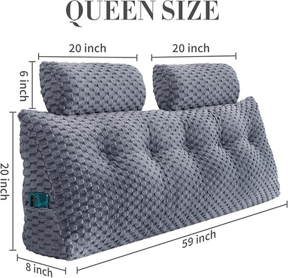 Wedge Headboard Pillow - Bed Wedge Pillow for Headboard Triangular Headboard Pillow with Neck Roll Pillow-Large Bolster Pillow for Sitting in Bed Backrest Positioning Support (Grey,59x8x20 Inches)