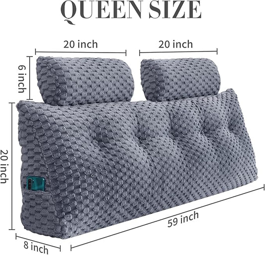 Wedge Headboard Pillow - Bed Wedge Pillow for Headboard Triangular Headboard Pillow with Neck Roll Pillow-Large Bolster Pillow for Sitting in Bed Backrest Positioning Support (Grey,59x8x20 Inches)