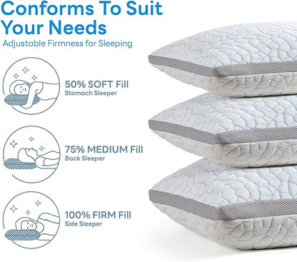 Adjustable Shredded Memory Foam Pillows, Cooling Pillows Standard Size Set of 2, Support Yet Soft Pillow Side Back Stomach Sleepers with Washable Removable Ice Silk Cover