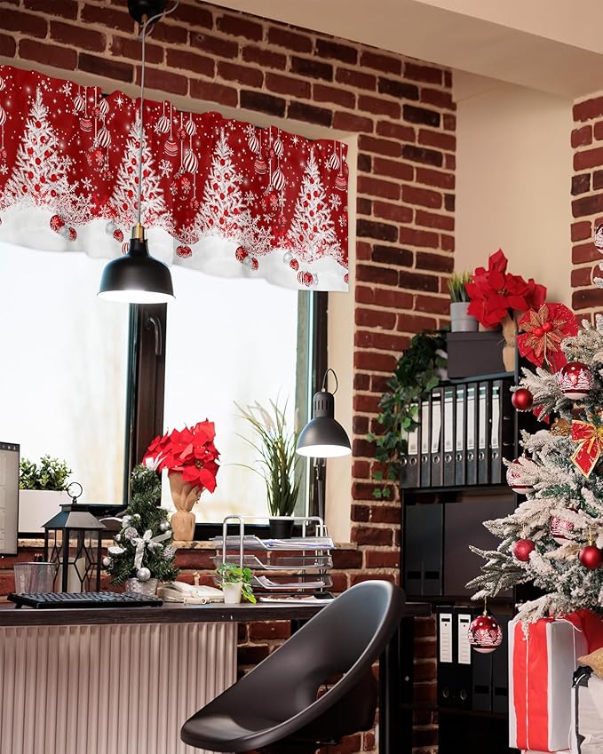 Red Christmas Valance Curtains for Kitchen Windows White Xmas Tree Snowflakes Red Balls Rod Pocket Window Treatment Toppers for Kitchen/Living Room/Bedroom/Bathroom, 42" X 18", Winter