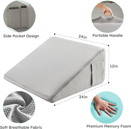 Wedge Pillow for Sleeping, 12 inch Elevated Support Bed Wedge Pillow, Breathable Triangle Pillow Wedge with Cooling Memory Foam Top - Removable Washable Cover, Grey