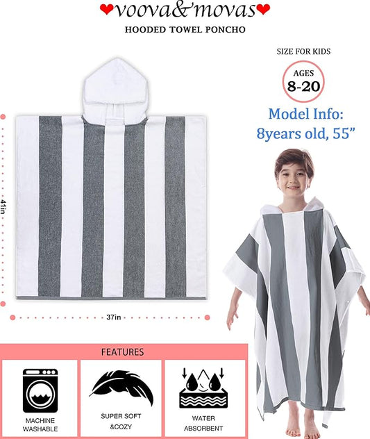 VOOVA & MOVAS Teens Hooded Towel - Teens Hooded Pool Towel Robe (8-16Years), Large Absorbent Cotton - Versatile for Beach, Pool, Swim, and Bath,Dark Gray Stripe